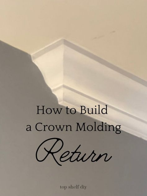 How to install a crown molding return. Essentially getting your cuts JUST right by measure across the top of your crown instead of the bottom. Craftsman Crown Moulding, How To Add Crown Molding To Cabinets, Craftsman Crown Molding, Crown Molding Vaulted Ceiling, Modern Crown Molding, Crown Molding Kitchen, Cut Crown Molding, Crown Molding Installation, Diy Crown Molding