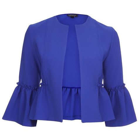 TopShop Crop Frill Jacket ($85) ❤ liked on Polyvore featuring outerwear, jackets, topshop jackets, ruffle jacket, layered jacket, cropped jacket and blue jackets Blue Cropped Jacket, Ruffle Tops Outfit, Long Blouse Designs, Ruffle Jacket, Professional Outfits Women, Fashion Tops Blouse, School Dresses, African Clothing Styles