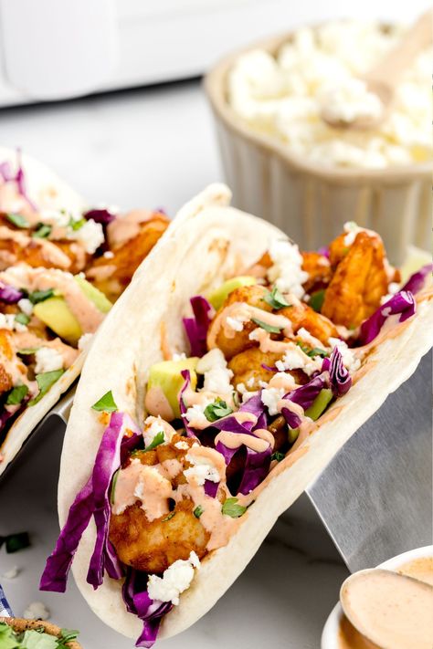 Crispy Shrimp Tacos Air Fryer, Bang Bang Shrimp Tacos Air Fryer, Frozen Shrimp Tacos, Street Shrimp Tacos, Shrimp Street Tacos, Air Fryer Shrimp Tacos, Baja Shrimp Tacos, Healthy Shrimp Tacos, Shrimp Tostadas