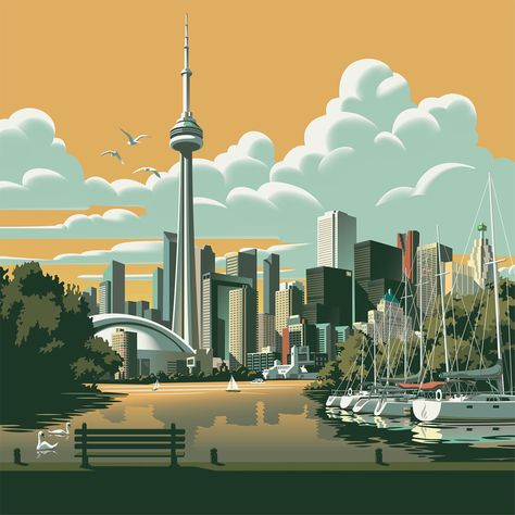 'City of Toronto'. Illustration by Gary Alphonso. Toronto Illustration, Posters Canada, Toronto Art, Canada Pr, Toronto Skyline, Toronto City, City Vector, Watercolor Architecture, Architectural Sketch