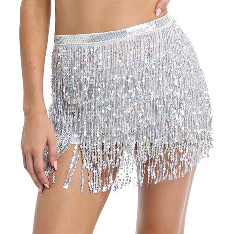 PRICES MAY VARY. One size fits most Material: spandex & Sequins Comfortable with the spandex underneath This rave outfits skirt is the perfect accessory to add to wardroe, they shined rainbow under lights This coin wrap skirt fit for belly dance, performance, EDC, music festival, disco party and halloween costume Size:Total 190cm/75 inch long, decoration part about 80cm/32 inch, width 34cm/13.4 inch  You will get a ton of compliments when wearing this glitter seqine hip scarf.  Fit for belly dan Rave Outfits Skirts, Space Cowgirl Costume, Sequin Fringe Skirt, Belly Dance Hip Scarf, Rave Skirt, Belly Dance Belt, Hip Scarf, Tassel Skirt, Denim And Diamonds