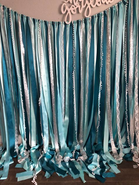 Teal Photo Backdrop, Teal Party Decorations, Photo Booth Backdrop Graduation, Fabric Streamers, Teal Party, Ariel Wedding, Streamer Backdrop, Sequin Backdrop, Grad Party Decorations