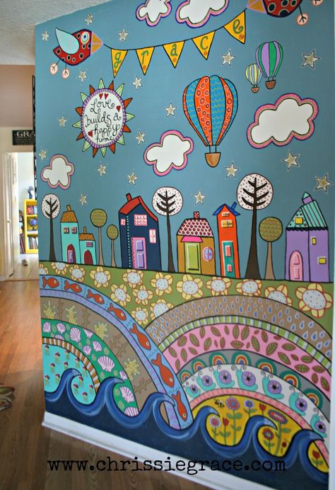 painted wall mural using acrylic craft paints:) Photowall Ideas, School Murals, Wall Murals Painted, 강아지 그림, Mural Design, Mural Painting, Mural Art, Wall Paint, Painting Crafts