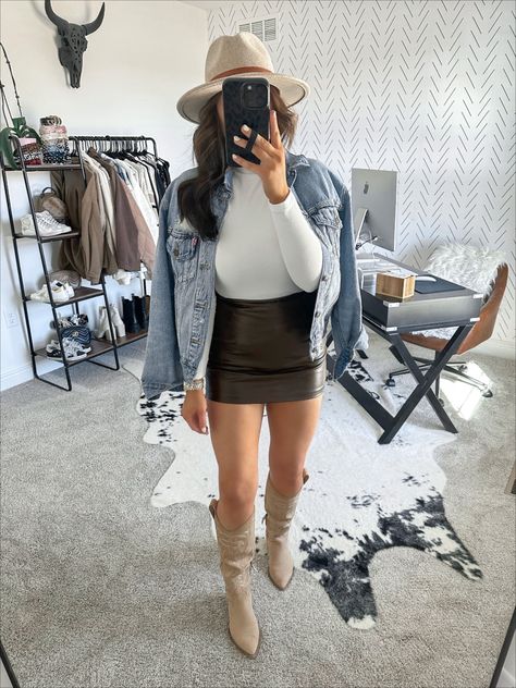 Denim Jacket And Skirt Outfit, Turtleneck And Skirt Outfit, Black Leather Mini Skirt Outfit, Turtleneck Top Outfit, Brown Mini Skirt Outfit, Jacket And Skirt Outfit, Boots And Skirt Outfit, Turtleneck And Skirt, Brown Leather Skirt Outfit