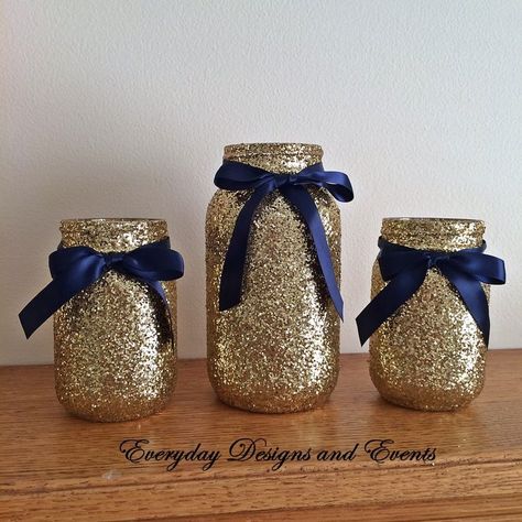 Love these Navy Blue Party Decorations, Wedding Centerpieces Mason Jars, Gold Mason Jars, Blue Party Decorations, Rustic Wedding Decorations, Gold Centerpieces, Jar Centerpieces, בר מצווה, Gold Party