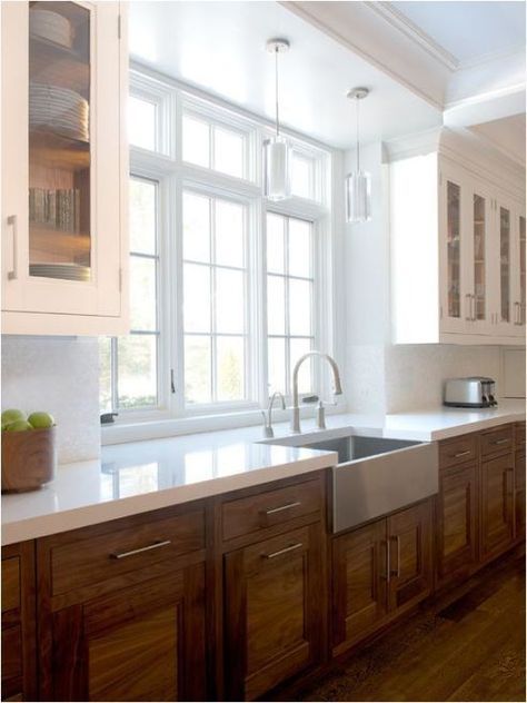 Two Tone Kitchen Cabinets I Love | ROWE SPURLING PAINT COMPANY Kitchen Remodel Granite, Split Level Kitchen, Natural Wood Kitchen Cabinets, Cabinetry Diy, Split Level Kitchen Remodel, Kitchen Sink Lighting, Painting Kitchen Cabinets White, Natural Wood Kitchen, Small Kitchen Remodel