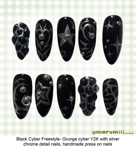 ★Set is shown in Medium Almond★ ★All press ons are made to order, please allow up to 2 weeks to receive your set! ★Every nail set is hand-painted with gel polish, please understand if the nails you receive are not a complete replica of the photos! I will try my best though! ★Nail sizes XS: 14mm, 11mm, 12mm, 10mm, 8mm S: 15mm, 12mm, 13mm, 11mm, 9mm M: 16mm, 12mm, 13mm, 11mm, 9mm L: 18mm, 13mm, 14mm, 12mm, 10mm Please follow the instructions on how Cool Black And White Nails, Emo Goth Nails, Nail Ideas Black And Silver, Emo Halloween Nails, Chrome Detail Nails, Black Gel X Nails, Black Grunge Nails, Y2k Black Nails, Black Korean Nails