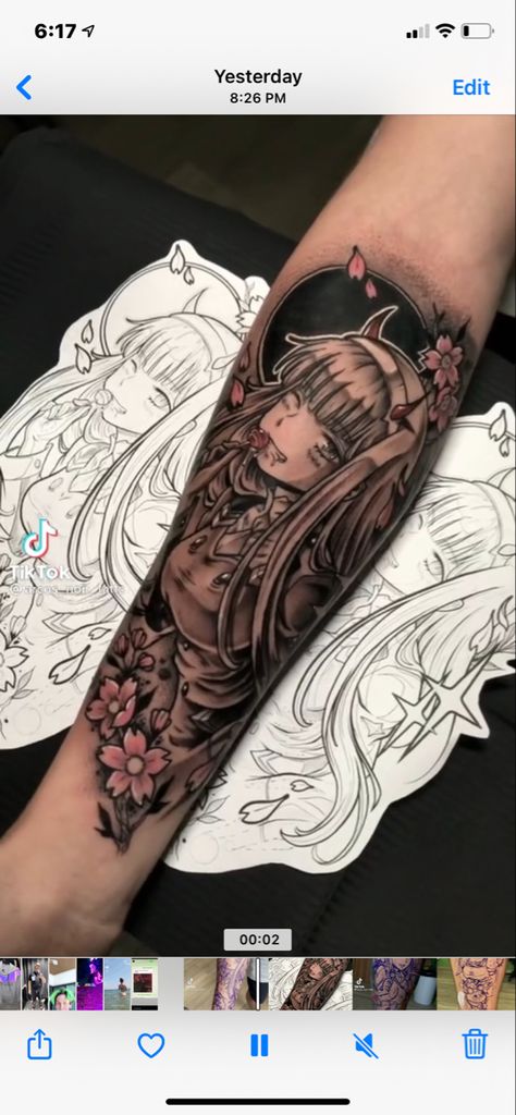 Darling In The Franxx Tattoo Ideas, Zero Two Tattoo Design, My Dress Up Darling Tattoo, Zero Two Tattoo Ideas, Darling In The Franxx Tattoo, Darling Tattoo, Two Tattoo, Tattoos Polynesian, Anime Tattoo