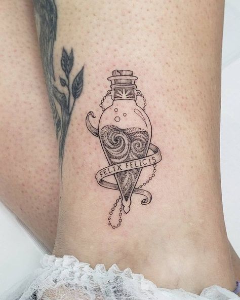 Felix Felicis Tattoo, 55 Tattoo, Harry Tattoos, Siren Tattoo, Tattoo Fine Line, Felix Felicis, Wand Tattoo, Hp Tattoo, Bookish Tattoos