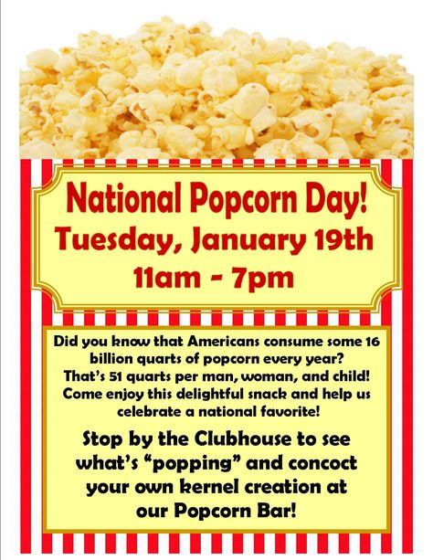 National Popcorn Day - 1.19 Pta Movie Night Ideas, January Event Ideas, National Popcorn Day Ideas, January Resident Event Ideas, Resident Events Ideas Apartments Holiday, January Resident Events, February Resident Events, Resident Assistant Programs Events, Popcorn Fundraiser Flyer