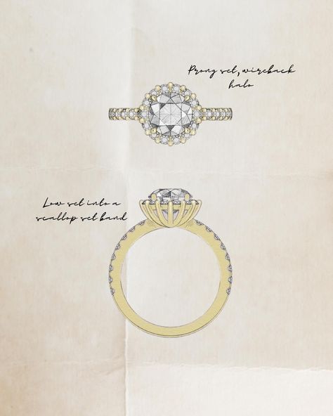 Inspo for those that love a halo ♥️ Here are three design concepts we put together for a client who knew they wanted a round diamond centre stone and a diamond halo. Which would you have chosen? 1. Six-prong centre stone with a fine scallop set halo. Lifted onto a straight cathedral band, allowing a straight wedding band to sit flush 2. Four-prong centre stone, with a prong set halo that has tapering stone sizes to create a slightly squared halo shape. Low set into a tapering band 3. Four-p... Round Diamond Square Setting, Jewelry Sketches, Round Engagement, Engagement Ring Inspiration, Classic Engagement, Round Engagement Rings, Jewellery Sketches, Pave Band, Classic Engagement Rings