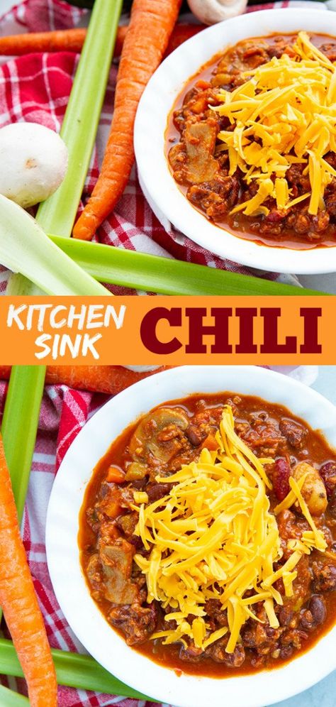 Everything but the kitchen sink goes into this homemade chili that is loaded up with vegetables, meat and beans that cooks in your slow cooker all day long for the best chili recipe ever! Best Chili Recipe Ever, Cheap Paleo Meals, The Best Chili Recipe, The Best Chili, Everything But The Kitchen Sink, Best Chili, Veal Recipes, Best Chili Recipe, Homemade Chili