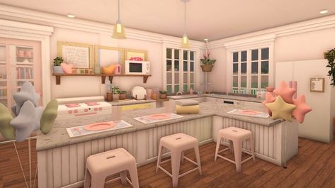 Bloxburg Houses Kitchen, Roblox Bloxburg Kitchen Ideas, Aesthetic Bloxburg House Ideas, Aesthetic Bloxburg Houses, Bloxburg Aesthetic, Preppy House, Blocksburg Room Ideas￼, Bloxburg Kitchen, Free House Design