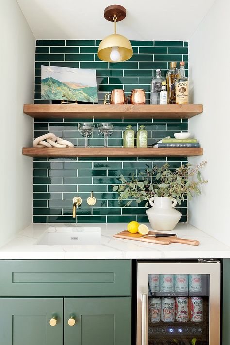 Green Kitchen Backsplash, Dark Green Tile, Green Tile Backsplash, Green Subway Tile, Dark Green Kitchen, Green Backsplash, Green Tiles, Cozy Home Decor, Trailer Remodel