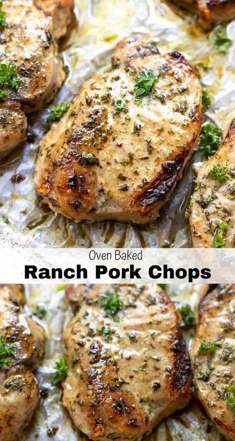 Baked Ranch Pork Chops are a quick, inexpensive and easy dinner recipe. The entire family will love these pork chops, perfect for weeknight dinner. #ranchporkchops #porkchoprecipe #easydinnerideas #easydinnerrecipes Baked Ranch Pork Chops, Ranch Pork Chops, Easy Pork Chops, Pork Chop Recipes Baked, Easy Pork Chop Recipes, Pork Chop Dinner, Pork Dinner, Baked Pork Chops, Baked Pork