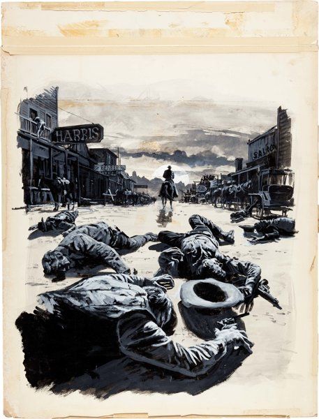 Original Comic Art:Illustrations, Western Shootout Illustration Original Art (undated).... Western Shootout Art, Western Comics Art, Western Standoff, Cowboy Shootout, Western Art Wild West, Reputation Songs, Western Shootout, Cowboy Comic, Western Illustration