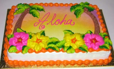 Aloha! Luau Sheet Cake Ideas, Aloha Cake Ideas Birthday, Hawaiian Sheet Cake, Luau Sheet Cake, Aloha Cake Ideas, Hawaii Cake Ideas, Hawaiian Cake Design, Aloha Birthday Cake, Luau Party Cakes