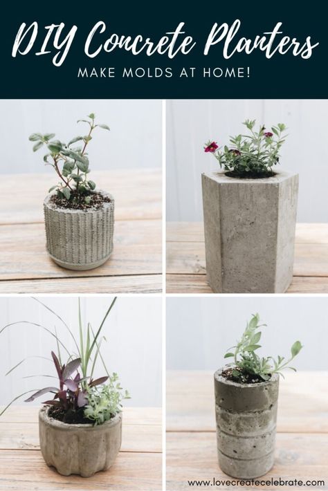 collage of planters with text reading DIY concrete planters Make Cement Planters, Make Concrete Planters, Diy Hanging Herb Garden, Concrete Planter Molds, Spring Bedding, Concrete Molds Diy, Cement Ideas, Diy Cement Planters, Concrete Containers