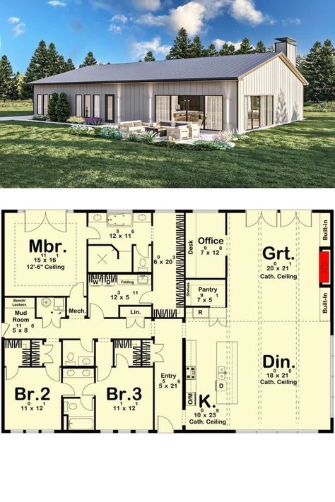 This single-story barndominium home offers a functional floor plan with a rectangular layout showcasing spacious and modern living space with three bedrooms and two baths. It has a board and batten exterior, a gable roof, and large windows that bathe the living spaces with ample natural light. American House Design, Open Concept House Plans, Barn Homes Floor Plans, Barndominium Plans, Barn Style House Plans, Single Story Homes, Open Living Area, Barndominium Floor Plans, Barn Style House