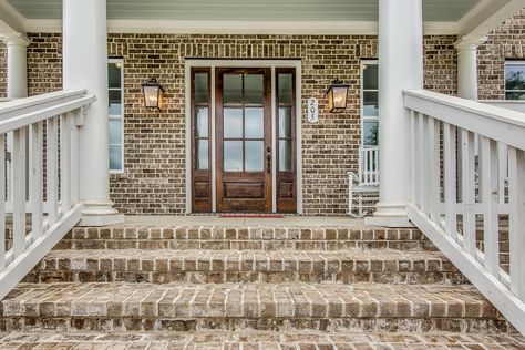 Meridian Mosswood Queen Brick with White Mortar, Brown Sand Brown Brick With White Mortar, Brick With White Mortar, Brown Brick Houses, Future Farmhouse, White Siding, Brown Sand, Exterior Inspiration, Brown Brick, Home Exterior Makeover