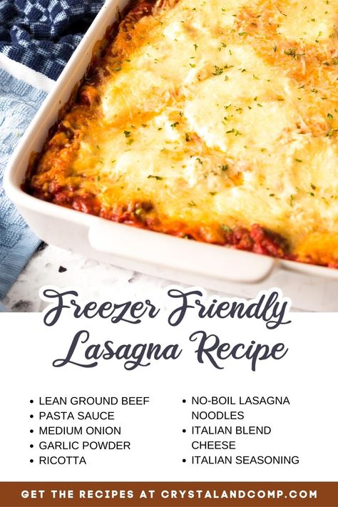 freezer friendly lasagna recipe ingredient list Easy Lasagna Freezer Meal, Lasagna Recipe For Freezing, Premade Lasagna Recipe, Freeze Ahead Lasagna, Lasagna To Freeze, Freezer Friendly Lasagna, Freezer Meal Lasagna, How To Freeze Lasagna, Freezer Lasagna Recipe