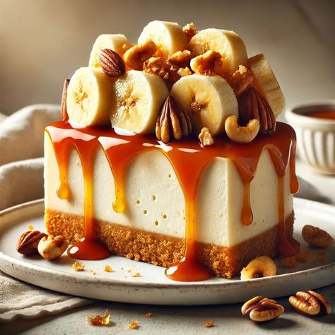 Banana Caramel Nut Cheesecake Recipe 🍌🍰🍯 . This delicious cheesecake combines creamy banana flavor with a crunchy nut topping and a luscious caramel drizzle. It’s a rich, indulgent dessert that’s perfect for any special occasion. Here’s how to make it: Ingredients: For the Crust: 1 1/2 cups graham cracker crumbs 1/3 cup unsalted butter, melted 1/4 cup sugar For the Cheesecake Filling: 3 (8-ounce) packages cream cheese, softened 3/4 cup sugar 3 large eggs 1 tsp vanilla extract 2 ripe bananas, ... Nut Cheesecake, Banana Caramel, Caramel Drizzle, Styling Photography, Cheesecake Filling, Ripe Bananas, Indulgent Desserts, Banana Flavored, Food Photography Styling