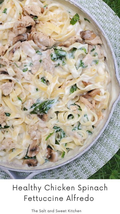 This CHICKEN SPINACH FETTUCCINE ALFREDO recipe is a healthier version for Alfredo sauce. It uses low-fat milk instead of cream. #chickenrecipes #chickenalfredo #healthyalfredosauce Chicken Spinach Fettuccine Alfredo, Spinach Fettuccine Alfredo, Healthy Creamed Spinach, Low Fat Alfredo Sauce, Classic Alfredo Sauce, Spinach Fettuccine, Thm Meals, Fettuccine Alfredo Recipe, Spinach Alfredo