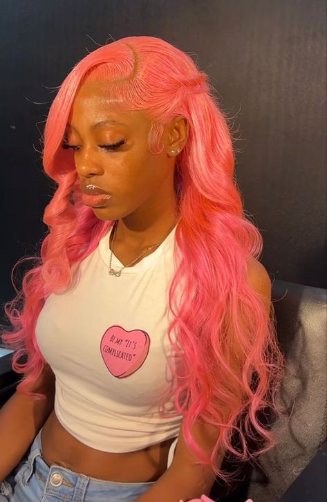 Pink Birthday Hairstyles For Black Women, Styled Wigs Ideas, Cute Lace Fronts, Pink Wig Hairstyles For Black Women, Pink Frontal Wig Hairstyles, Colored Lace Front Wigs Black Women, Pink Wig Styles, Pink Wig Hairstyles, Pink Wig Install