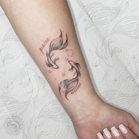 Pisces Infinity Tattoo, Small Pisces Tattoos Fish, Pisces Tattoo Wrist, Pisces Tattoo For Son, Pisces Daughter Tattoo, Pieces Fish Tattoo Pisces, Creative Pisces Tattoo, Pisces Sagittarius Tattoo Combined, March Pisces Tattoo