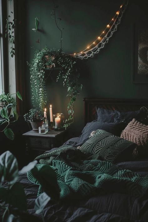 Darker Bedroom Aesthetic, Botanical Goth Bedroom, Gothic Forest Bedroom, 1920s Bedroom Aesthetic, Moody Room Decor, Black And Dark Green Bedroom, Dark Cottagecore Bedroom, Dark Modern Bedroom, Dark Bedroom Aesthetic