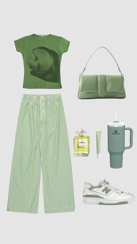 Green outfit #greenoutfit #comfyoutfit #strippedpants Mint Green Outfit Ideas, Monochrome Green Outfit, Green Monochrome Outfit, Mint Green Outfits, Granola Life, Chic Capsule Wardrobe, Green Monochrome, 2025 Goals, Cozy Clothes