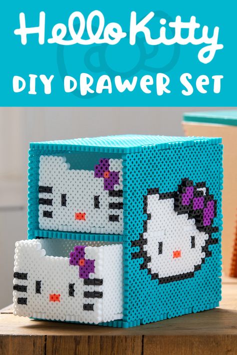 Learn how to make a Hello Kitty organizer using simple supplies! Kids will love this easy perler bead project they can use in their room. How To Make A Box Out Of Perler Beads, Perler Bead Desk Decor, Perler Bead Drawers Pattern, Mini Hello Kitty Perler Beads, Perler Bead Organizer, Perler Box Pattern, Peeler Bead Storage, Perler Bead Hacks, Simple 3d Perler Bead Patterns