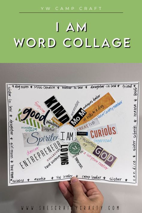 I am Word Collage - YW Camp Craft I Am Collage, Word Collage Art, Punch Magazine, Word Collage, Young Women Activities, Descriptive Words, Spiritual Gifts, Camping Crafts, Program Design