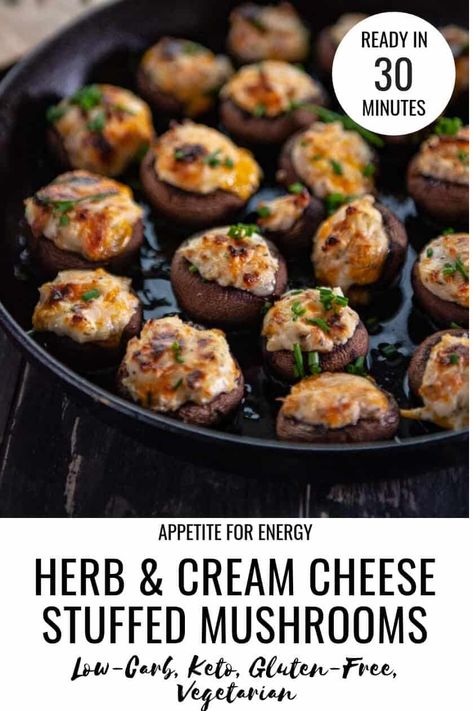 Super delicious, cheesey stuffed mushrooms are the ideal one-bite appetizer to wow guests at parties whether served hot, baked in the oven or at room temperature. Ready in 30-minutes, this easy recipe is a healthy hors d'oeuvre, great for those who are gluten-free, vegetarian or following a low-carb or ketogenic diet. #stuffedmushrooms #keto #glutenfree #vegetarian #gameday Cream Cheese Stuffed Mushrooms, One Bite Appetizers, Cheese Stuffed Mushrooms, Stuffed Mushroom, Easy Appetizers, Keto Pancakes, Lemon Basil, Appetizer Bites, Vegetarian Keto