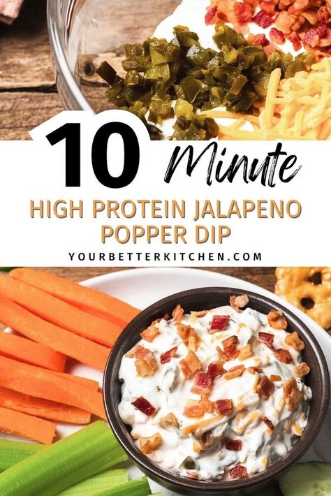 Are you a fan of high-protein snacks? Then you'll love this high-protein jalapeno popper dip recipe. It's perfect for dipping veggies, chips, and crackers. Packed with cottage cheese, bacon, cheddar, jalapenos, and cream cheese, it's keto-friendly, low-carb, and utterly delicious! Pack it with your lunch, have it as an appetizer, or a tasty midday snack. Visit yourbetterkitchen.com for this recipe and more! High Protein High Carb Snacks, High Protein Football Snacks, Protein Spinach Dip, High Protein Dip, Popper Dip Recipe, Protein Dip, Jalapeno Popper Dip Recipe, Jalapeno Popper Dip, Popper Dip