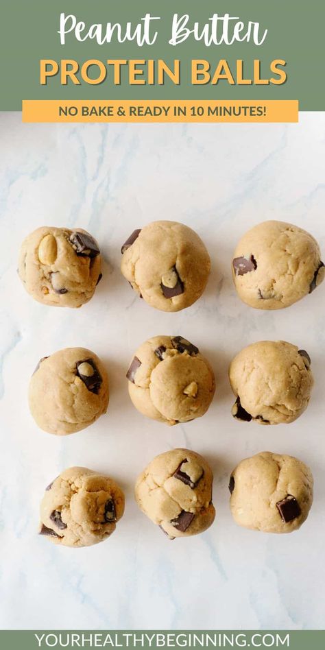 pinterest pin of no bake peanut butter protein balls Protein Peanut Butter Balls, Protein Cookie Dough Balls, Cookie Dough Protein Balls, Trail Snacks, Healthy Peanut Butter Balls, Energy Bite, Peanut Butter Protein Balls, Cookie Dough Protein, Peanut Butter Protein Cookies