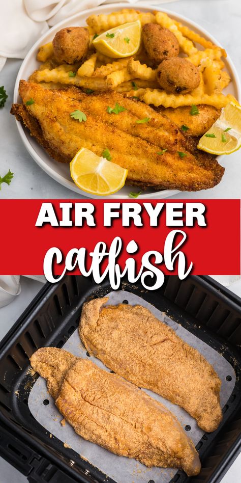 Air Fryer Catfish is made with just a few ingredients and is crazy delicious! It's quick, easy, delicious, and crispy! You'll love that it's super fast and not deep fried. It's an easy Air Fryer dinner recipe. Catfish In Air Fryer, Deep Fried Catfish, Air Fryer Catfish, Grilled Catfish, Catfish Recipe, Air Fried Fish, Air Fryer Fish Recipes, Air Fryer French Fries, Catfish Recipes