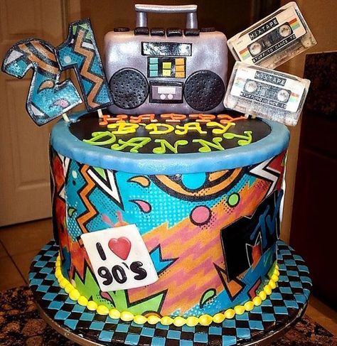 Blast from the past- a great 90s themed birthday cake from @angientito  thanks for sharing. See the best Edible Image Designs posted daily at http://topperoo.com/edible-image-designs/ Hip Hop Birthday Cake, 90s Theme Party Decorations, 90s Hip Hop Party, 90s Party Ideas, 90s Party Decorations, Music Cakes, 80s Birthday Parties, Hip Hop Birthday, 90s Theme Party