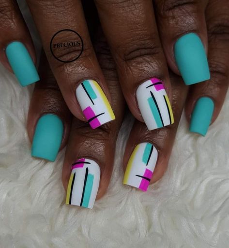 Color Blocking Nail Art, 80s Nails Designs Simple, Color Block Nail Art, Bright Summer Nails Designs Neon Fun Color Combos, Color Block Nails Designs, Cinzia Nails, Sassy Nails Designs, Stripe Nail Designs, Colour Block Nails