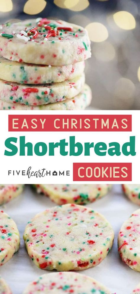 Super simple to make Christmas recipe with only a few ingredients! Loaded with festive sprinkles, this Christmas cookie recipe is the perfect addition to your holiday cookie platter! Save this Christmas snack or dessert treat for later! Christmas Shortbread Cookies, Shortbread Christmas, Easy Shortbread, Shortbread Cookies Christmas, Dessert Halloween, Christmas Cookie Recipe, Christmas Shortbread, Christmas Snack, Cookie Platter