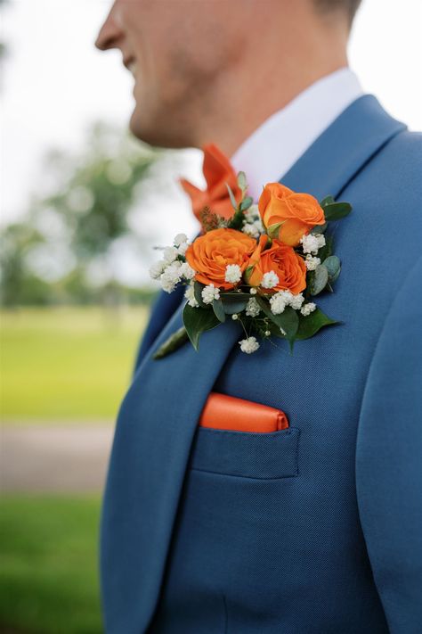 Orange and Blue wedding colors - Blue Grooms Suit - Orange Accent Wedding Colors - Orange and Blue suit - Orange Boutinierre - Orange Pocket Square Blue And Orange Country Wedding, Rustic Blue And Orange Wedding, Navy Teal Orange Wedding, Blue And Orange Theme Wedding, Navy Blue And Sunset Orange Wedding, Blue And Orange Centerpieces Wedding, Royal Blue And Terracotta Wedding, Lorax Wedding Theme, Light Orange And Blue Wedding