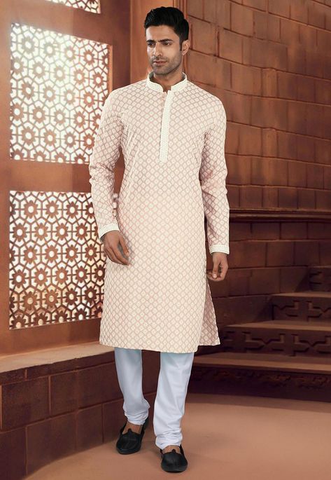 Cotton Kurta Set, Fashion Indian, Utsav Fashion, Embroidery Cotton, Kurta Pajama, Cotton Kurta, Indian Attire, Light Peach, Indian Ethnic Wear