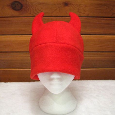 Horn Beanie, Football Treats, Red Beanie Hat, Football Stuff, Red Beanie, Red Devil, Fleece Hat, Diy Hat, Red Fleece