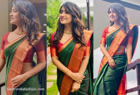 Red With Green Saree, Bottle Green Saree Contrast Blouse, Red And Green Silk Saree, Bottle Green Silk Saree, Thenmozhi Designs, Bottle Green Saree, Vani Bhojan, Red Saree Blouse, Green Silk Saree