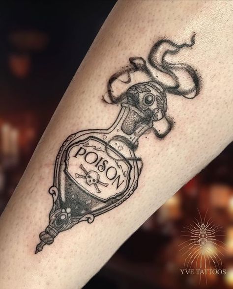 Witch Potion Bottles Tattoo, Gothic Potion Bottle Tattoo, Secret Lover Tattoo, Hand Holding Crystal Ball Tattoo, Apothecary Bottle Tattoo, Aqua Tofana Tattoo Design, Poison Vial Tattoo, Poison Jar Tattoo, Teapot Tattoo Vintage