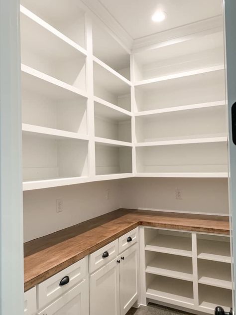 Long Pantry, L Shaped Pantry Design, Ikea Pax Pantry, Walk In Pantry Design, Walk In Pantry With Countertop, Narrow Walk In Pantry, L Shaped Pantry, Pantry Renovation, Pantry Closet Design