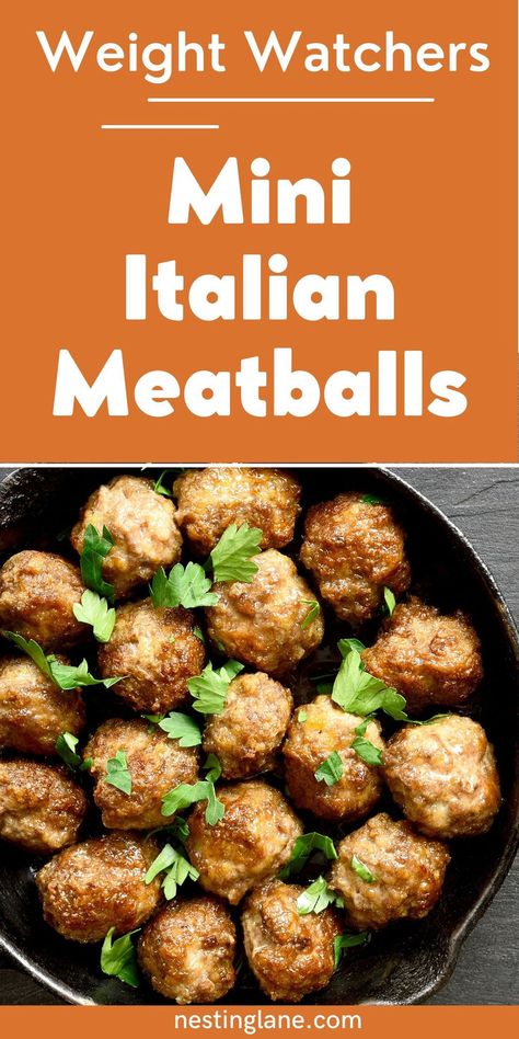 Mini Weight Watchers Italian Meatballs graphic. Weight Watchers Meatballs, Ww Appetizers, Ground Beef Meatballs, Italian Meatballs Recipe, Smart Points Recipes, Parmesan Meatballs, California Food, Weight Watcher Dinners, Beef Meatballs