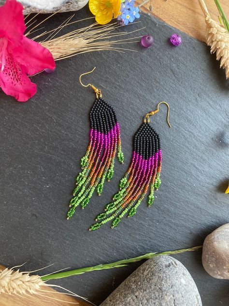 Long fringe earrings, pink orange and green earrings, tropical beaded earrings, bright earrings, handmade in the UK, summer gift for her by Artisanbeadcompany on Etsy Earring Inspired, Bright Earrings, Uk Summer, Tropical Sunset, Green Gradient, Hair Lotion, Punk Inspiration, Rose Orange, Long Fringe