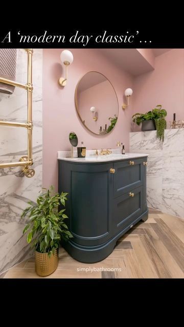 Navy Blue Pink Bathroom, Blue Pink Bathroom, Classic Bathroom Inspiration, Family Bathroom Design, Blush Bathroom, Wooden Bath Panel, Blue Cupboards, Bathroom Loft, Lefroy Brooks