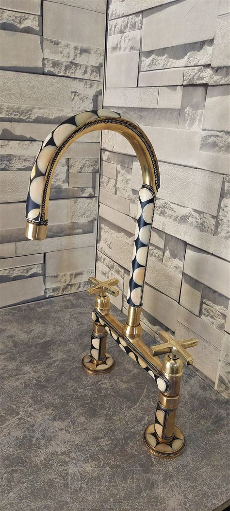 Unique Brass Kitchen Bridge Faucet Studded With Resin Handmade Faucet - Etsy Antique Sink Faucet, Unique Small Kitchen, French Bistro Decor, Modern Victorian Decor, Cool Interior Design, Home Library Ideas, Unique Faucets, Bridge Faucet Kitchen, Unique Decor Ideas